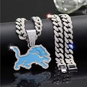 Detroit Lions  Hip Hop Iced out Silver Cuban Chain Necklace